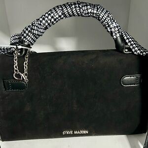 Steve Madden Black Suede Satchel with Houndstooth-Wrapped Handle